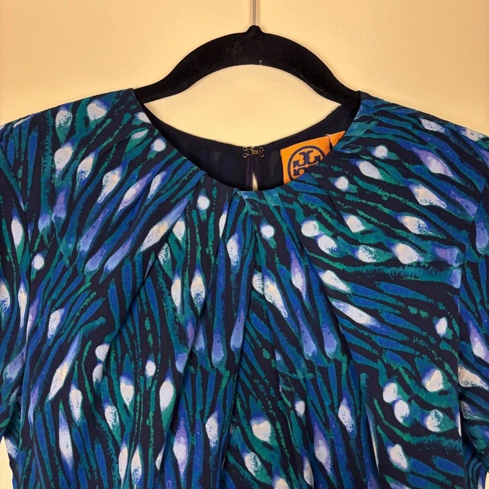 TORY BURCH 100% Silk Dress‎ Size 2 Blue Green Watercolor Short Sleeve Cocktail